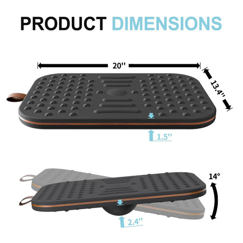 Balance Board For Standing Desk, 2-In-1 Dual-Sided Stability Trainer And Anti-Fatigue Mat, product dimensions shown with 14° tilt