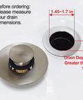 Tough As Nails Pop Up Tub Stopper With Integrated Hair Catcher And Fine Mesh Strainer, showing measurements for drain dimensions and depth.