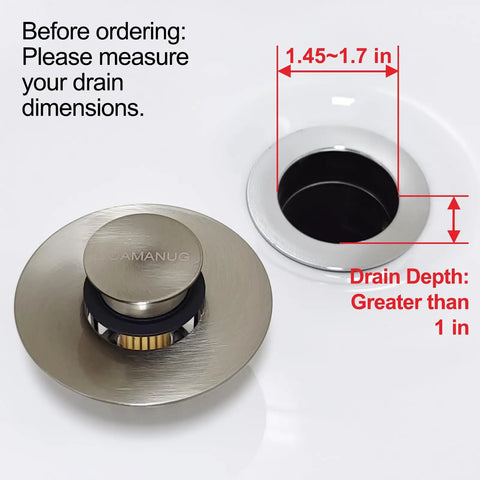 Tough As Nails Pop Up Tub Stopper With Integrated Hair Catcher And Fine Mesh Strainer, showing measurements for drain dimensions and depth.