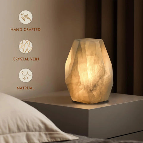 Handcrafted Dope Solid Calcite Table Lamp Carved From Natural Stone With Unique Crystal Veins Dimmable Bedside Lamp for Nightstand