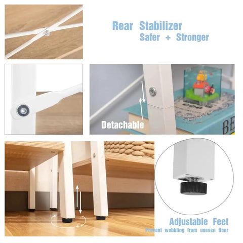 Detailed view of anti-topple and adjustable feet features on Industrial 4 Tier Bookshelf Freestanding Rustic Display Bookcase Storage Rack.