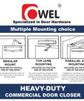 Diagram showing multiple mounting options for Beefed Up Commercial Automatic Door Closer With Cast Aluminum Body And Steel Arm, UL Listed