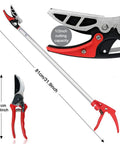32 Inch Cut And Hold Pruner With Rotating Cutter Head For Long Reach Pruning, shown with cutting capacity and size details