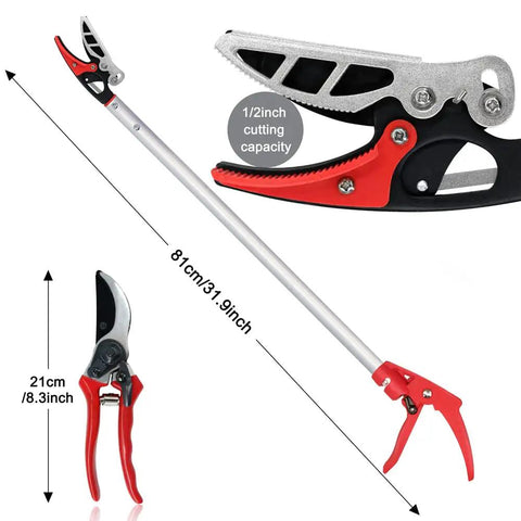 32 Inch Cut And Hold Pruner With Rotating Cutter Head For Long Reach Pruning, shown with cutting capacity and size details