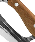 Close-up of Heavy Duty Kitchen Meat Cleaver Set handle with wood grip and carbon steel blade edge.