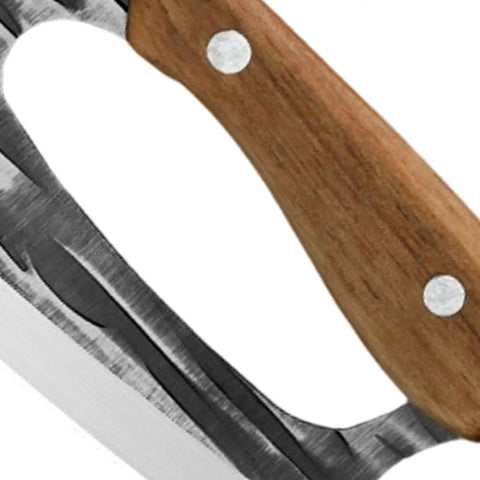 Close-up of Heavy Duty Kitchen Meat Cleaver Set handle with wood grip and carbon steel blade edge.