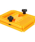Shop Tough Woodworking Featherboard Kickback Slayer For Table And Band Saws Lock Down Workpieces Secure Hand Protection Tight Grip Yellow Heavy Duty Plastic Duo Pack close-up view showing black knobs and rubber grip pads.