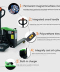 Heavy Duty Full Electric Pallet Jack Truck With 3300 Lb Capacity And Lithium Ion Battery showing features like smart handle and polyurethane tires.