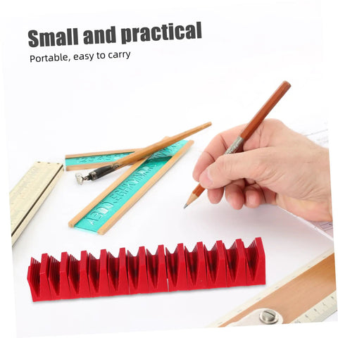 Red Modular Wrench Rack Organizer 12-Piece Space Saving Tool Storage Tray on desk next to rulers and pencil for garages and workshops.