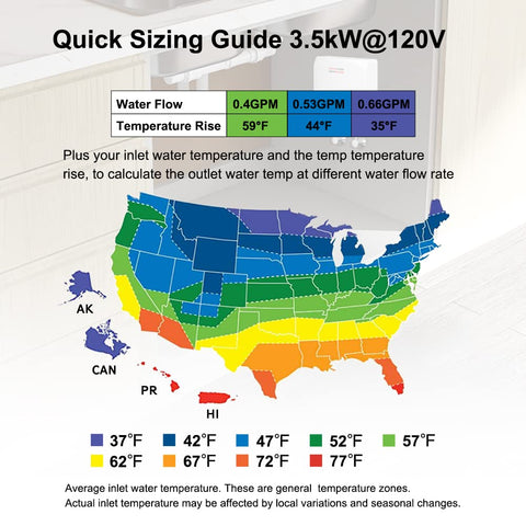 Quick sizing guide map for Mini Tankless Electric Water Heater 3.5kW 110 to 120V Point Of Use, showing U.S. temperature zones