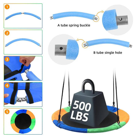 Kids 40 Inch Round Tree Swing Seat Multicolor Saucer Style Outdoor Swing For Backyard Play assembly and weight capacity
