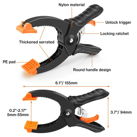 Side view of Six Inch Ratchet Clamps 4 Pack Heavy Duty Quick Release Woodworking Clamps With 5mm To 55mm Adjustable Range And 65mm Throat Reinforced Nylon Body And Aluminum Alloy Construction showing features.
