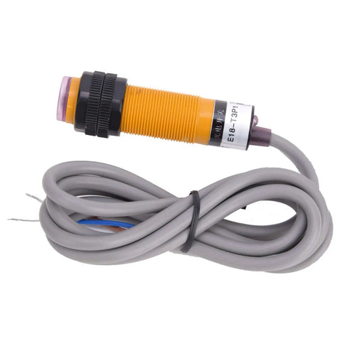Close-up of Through Beam Photoelectric Switch Kit With Five Pairs PNP Normally Open Sensor, gray wiring, and yellow casing