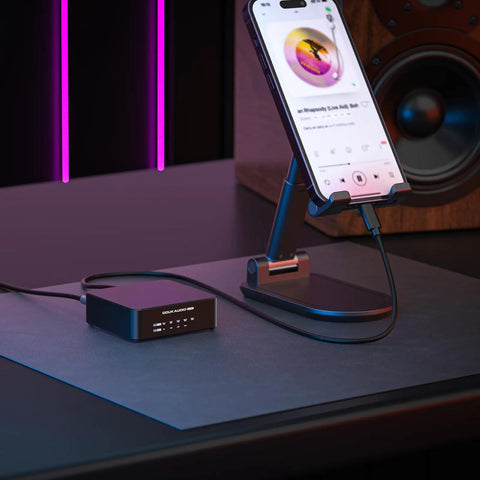USB to Optical DAC Converter With XMOS XU316 Interface, DDC Reclocker, Optical Coaxial and HDMI I2S Outputs for Pristine Lossless Digital Audio From PC Mac Phone Raspberry Pi to DAC, Perfect for PS5 and Switch, U2PRO on desk with phone