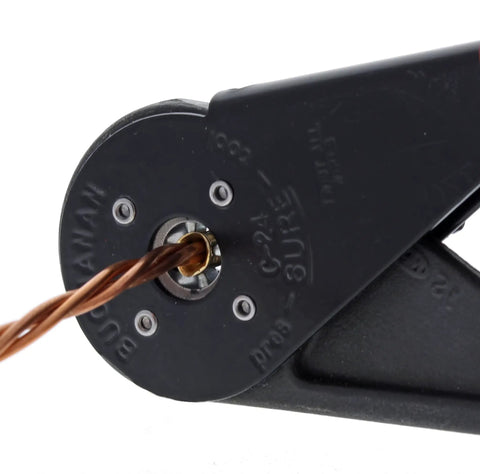 Close-up of Four Way Crimp Tool With Spring Loaded Plungers, Fingertip Adjustment For Two Connector Sizes crimping a wire