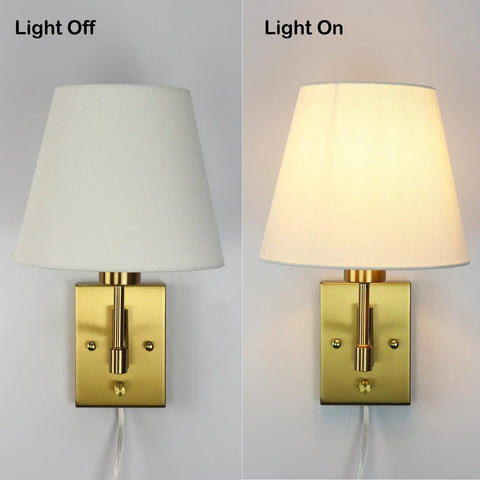 Gold Brass Swing Arm Wall Sconces Two Pack With Beige Linen Shade Plug In Wall Lamps For Bedroom And Living Room Vintage Style Cozy Vibe Easy Plug In Cord And On Off Rotary Switch