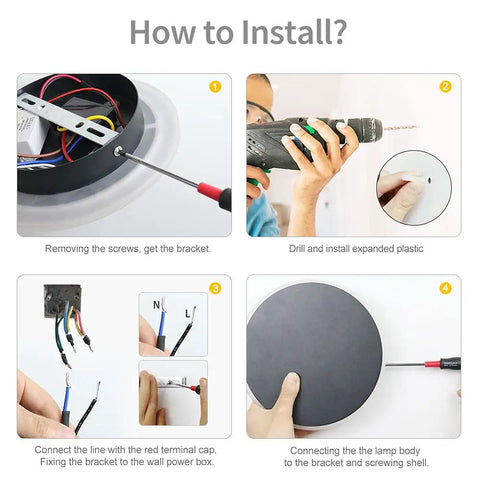 Installation steps for Modern Black Touch Sensor LED Wall Sconce, including screwing and wiring instructions.