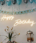 Two Pack Birthday Neon LED Sign Set With Dual Display Options 40x16 Inch Single Row Or 23x17 Inch Two Row Backdrop Light Up 12V Dimmable Switch Party Decor That Pops Photo Booth Ready displaying 'Happy Birthday' with blue balloons