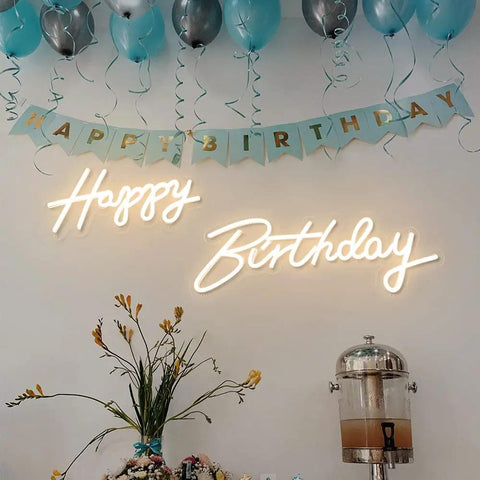 Two Pack Birthday Neon LED Sign Set With Dual Display Options 40x16 Inch Single Row Or 23x17 Inch Two Row Backdrop Light Up 12V Dimmable Switch Party Decor That Pops Photo Booth Ready displaying 'Happy Birthday' with blue balloons