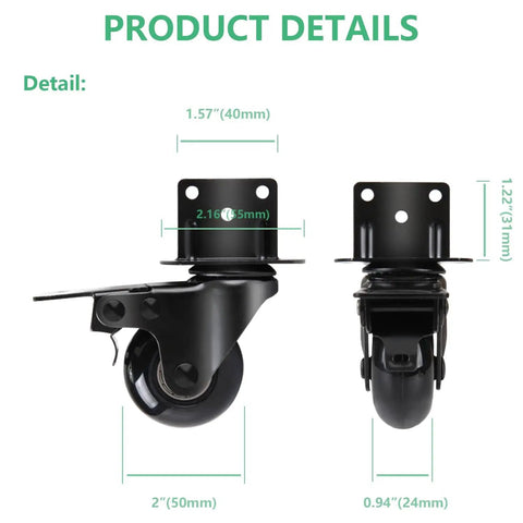 Beefy Side Mount Caster Wheels 2 Inch L Shaped Plate Swivel Casters With Brakes Heavy Duty Set Of 4 Quiet Rubber Wheels dimensions