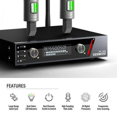 Dual Channel UHF Wireless Microphone System With Auto Scan And IR Sync, metal body with LCD for live events and recording