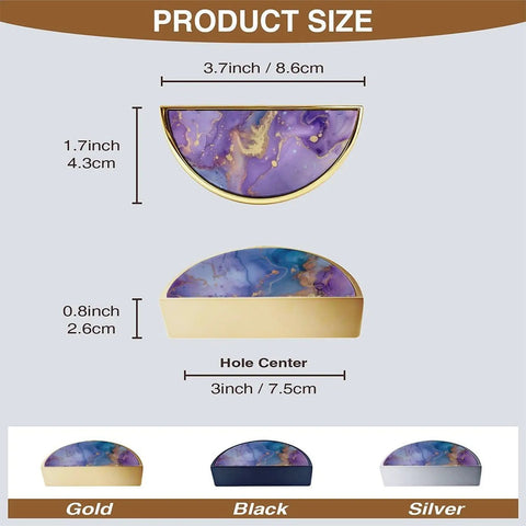 Two Pack Fluid Art Cabinet Pulls in Purple Teal Gold, gold semicircle drawer handles with marble and agate inspired stone patterns