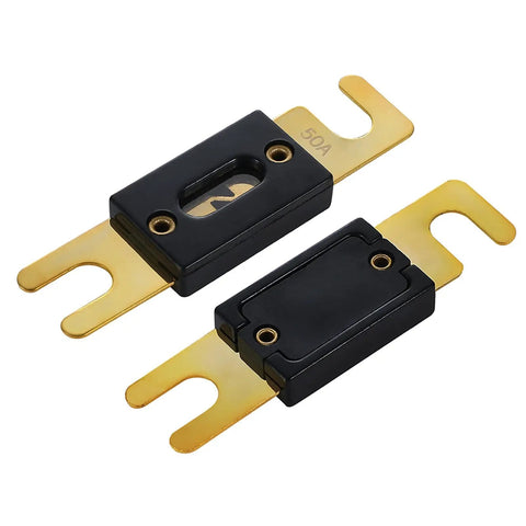 Dead Simple Wiring ANL Fuse 50 Amp Inline Blade black and gold fuses for car audio, designed for 12V and 24V systems.