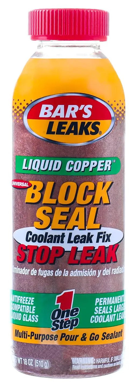 Bottle of Bar's Leaks Liquid Copper Block Seal for intake and radiator leaks, stops coolant loss permanently, antifreeze safe.
