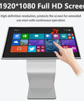 No Sweat 32 Inch Freestanding Capacitive Touch Screen Kiosk Hd Ips Digital Signage Display Interactive Wayfinding Terminal For Retail Shop And Hotel Lobby Black showing 1920x1080 HD screen with touch interaction.