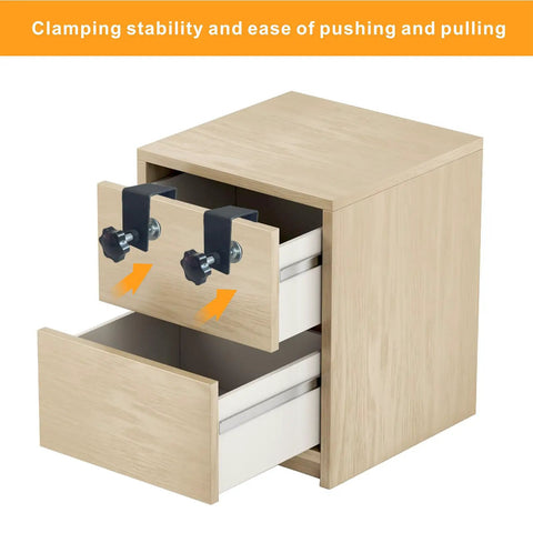 Adjustable Drawer Front Installation Clamps Kit With Rock Solid Bow Construction Dead Simple No Sweat Quick Fit Cabinet Hardware Jig C Clamps For Woodworking Easy Mounting Tool Two Black Pieces on a drawer front.