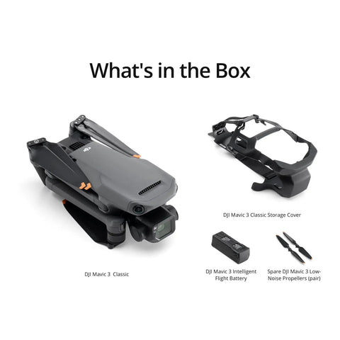 Mavic 3 Classic Drone, storage cover, flight battery, and propellers without remote, highlighting Four Thirds CMOS Hasselblad camera features.
