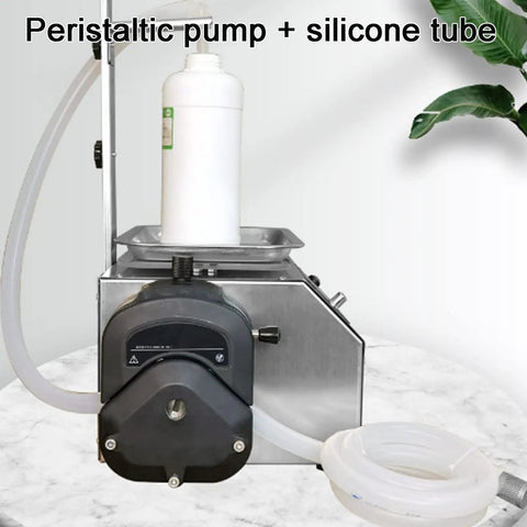 Peristaltic pump with silicone tube and liquid container on a digital scale for liquid filling applications. Straight Up Heavy Duty Liquid Filling Machine Automatic Digital Scale Bottle Filler With Peristaltic Pump For Cosmetics Oils And Juices Runs Smooth Handles 10G To 10Kg Precision Weighing Design.