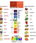 Chart comparing acid forming foods with alkaline food choices, featuring a pH scale from 0 to 14 with visual examples.