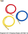 Three refrigerant A/C charging hoses with ball valves in red, yellow, and blue (60-inch) with 1/4 SAE fittings
