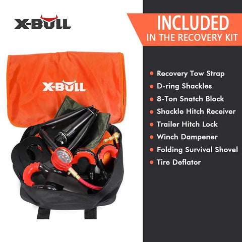 All In One Recovery Winch Kit With Tow Strap And D Ring Shackles 8 Ton Snatch Block Shackle Hitch Receiver Trailer Hitch Lock Winch Dampener Folding Survival Shovel And Tire Deflator For Jeep Truck SUV displayed in a bag