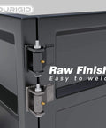 Heavy Duty Weld On Dump Trailer Hinge Set With Zerk Grease Fitting on a trailer with raw finish and easy weld text