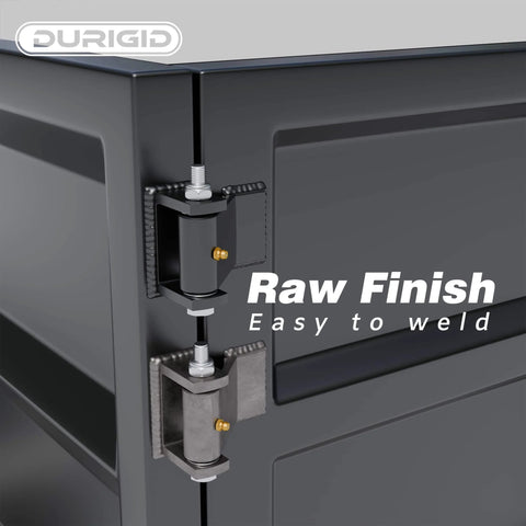Heavy Duty Weld On Dump Trailer Hinge Set With Zerk Grease Fitting on a trailer with raw finish and easy weld text