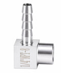 Heavy Duty Three Zero Four Stainless Steel Ninety Degree Elbow Joins Five Sixteenth Hose Barb To Quarter Female Npt Threading.