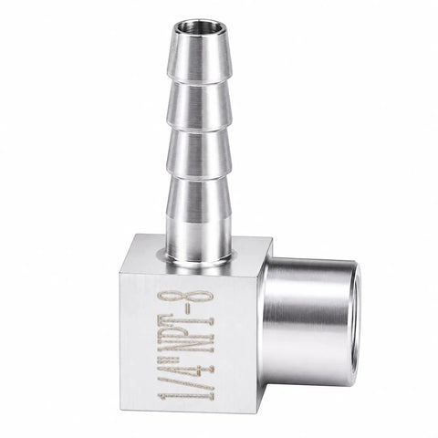 Heavy Duty Three Zero Four Stainless Steel Ninety Degree Elbow Joins Five Sixteenth Hose Barb To Quarter Female Npt Threading.