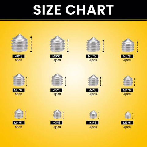 Cone Point Set Screws Kit, 48 Pcs M3 To M6 Hex Head Grub Screws In 304 Stainless Steel Size Chart