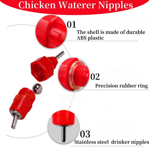 20 Pack Automatic Poultry Water Dispenser With Slick Stainless Steel Nipple Drinkers showing red ABS plastic nipples and stainless steel tips.