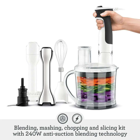 Top Notch Brushed Stainless Steel Immersion Blender Set Multi Purpose Food Processing Station with blending tools and bowl.