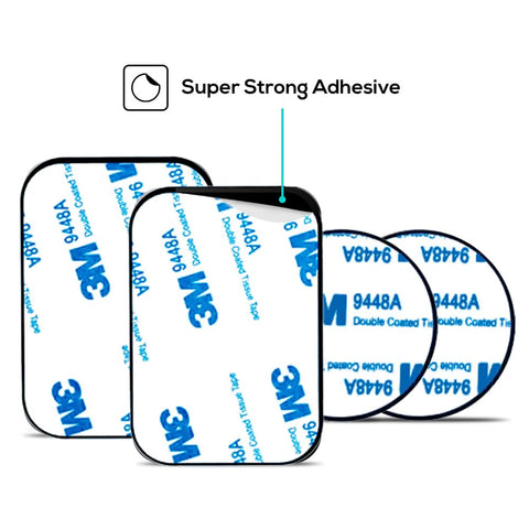 Universal Magnetic Phone Mount Metal Plates Kit 4 Pack Ultra Thin Discs with 3M Adhesive shown in rectangle and round shapes