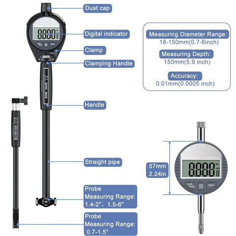 HDLNKAK digital bore gauge with LCD readout, 6 inch depth, 0.7–6 inch measuring range, 23 anvils, black.