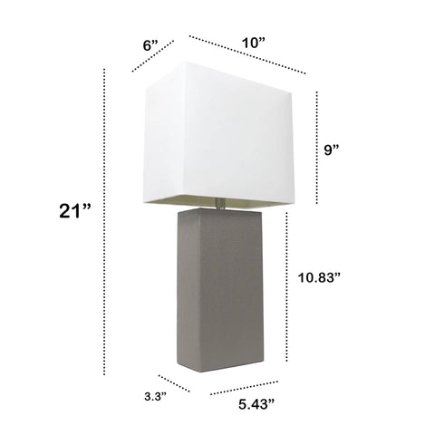 Leather Wrapped Modern Table Lamp With White Fabric Shade In Gray, featuring a sleek rectangular base, 21 inches tall, with measurements visible.