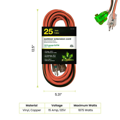 Contractor Grade Outdoor Extension Cord 12/3 SJTW With Lighted End 25 Feet Moisture Resistant And Durable For Yard Tools Power Tools