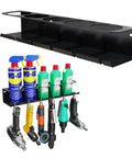 Heavy Duty Wall Mounted Pneumatic Tool Rack And Spray Can Organizer Combo showing 6 air tool slots and 5 spray can bays.