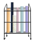 Heavy Duty Three Tier Mobile Paper Rolls Organizer With Slick Metal Frame And Twenty Roomy Slots displaying assorted rolled papers on a black cart.