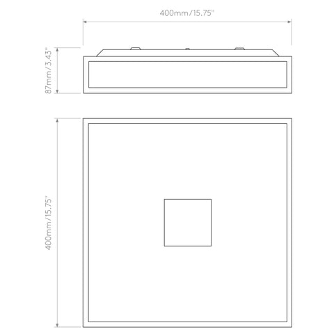 Technical diagram of 200mm Square Polished Chrome Bathroom Ceiling Light Dimmable Damp Rated E26 Medium Base Modern Flush Mount Fixture.