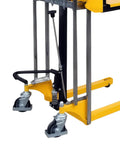 Pro Grade Heavy Duty Hydraulic Pallet Jack Stacker with detailed view of universal wheels and hydraulic lift mechanism.
